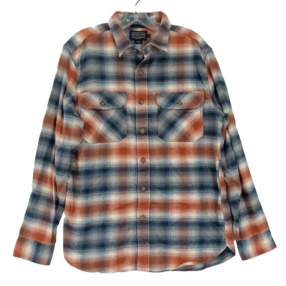 Pendleton Burnside Flannel Shirt Mens M Blue Rust Plaid‎ Button Up Outdoor Cabin